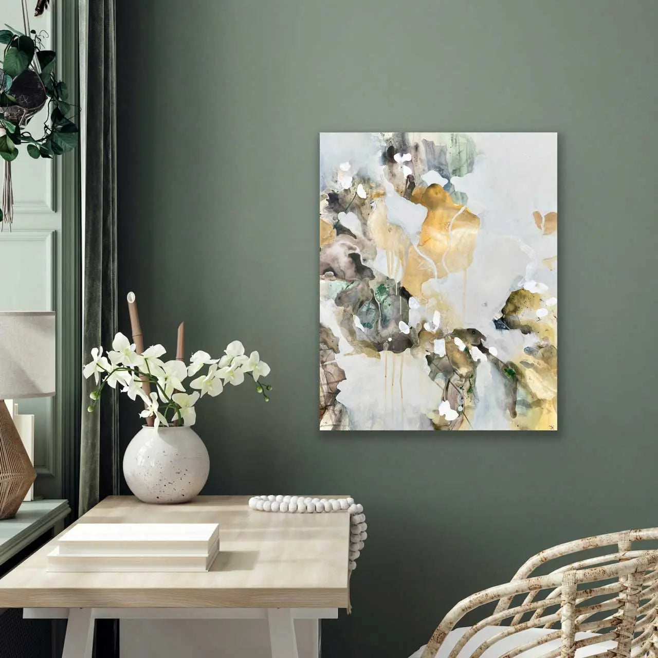Breathe - original floral abstract art by Ida Kopperud. Displayed in interior.