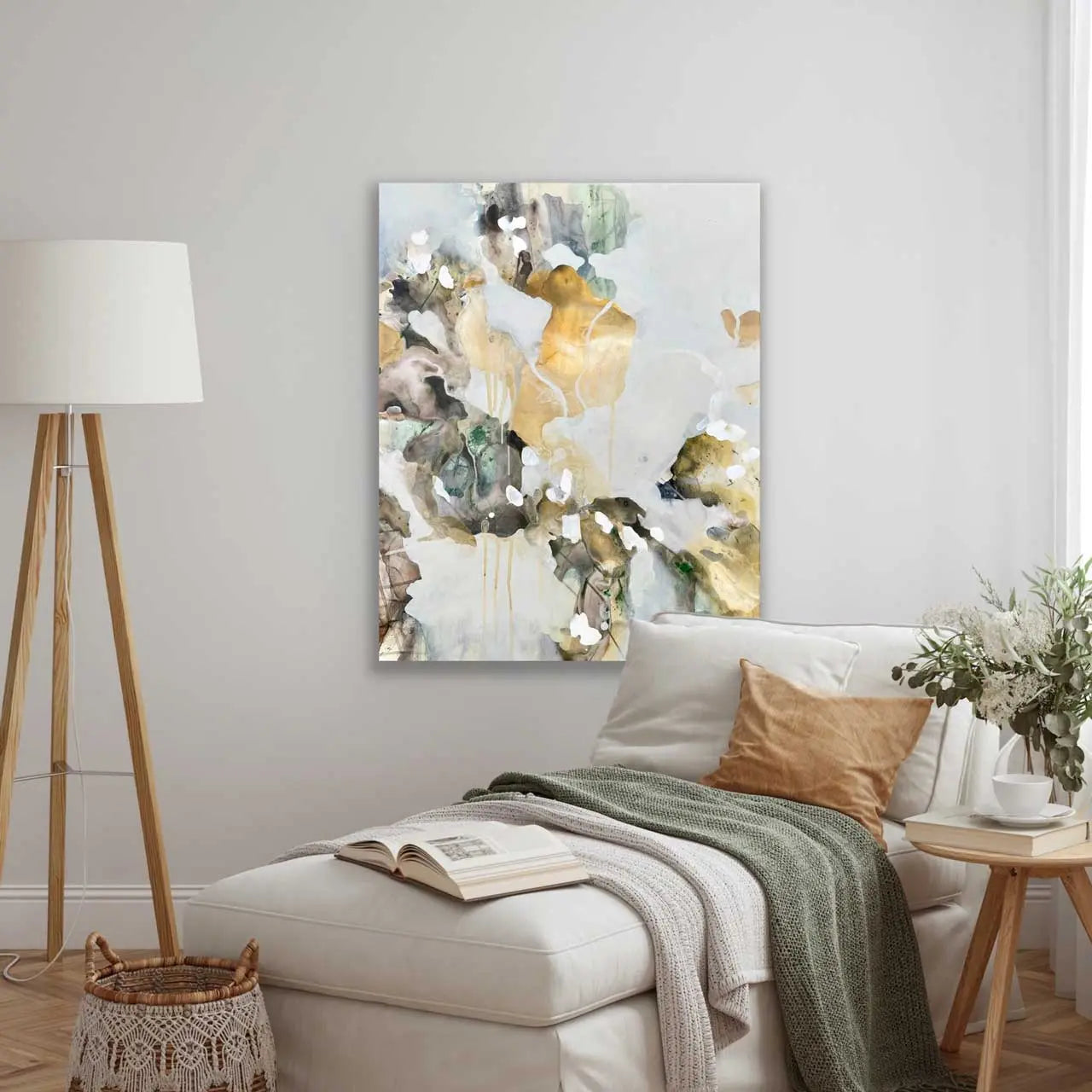 Breathe - original floral abstract art by Ida Kopperud. Displayed in interior.