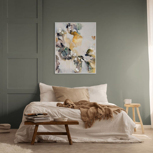 BREATHE | A neutral wall art Canvas Print hanging in a calm bedroom with natural colours.