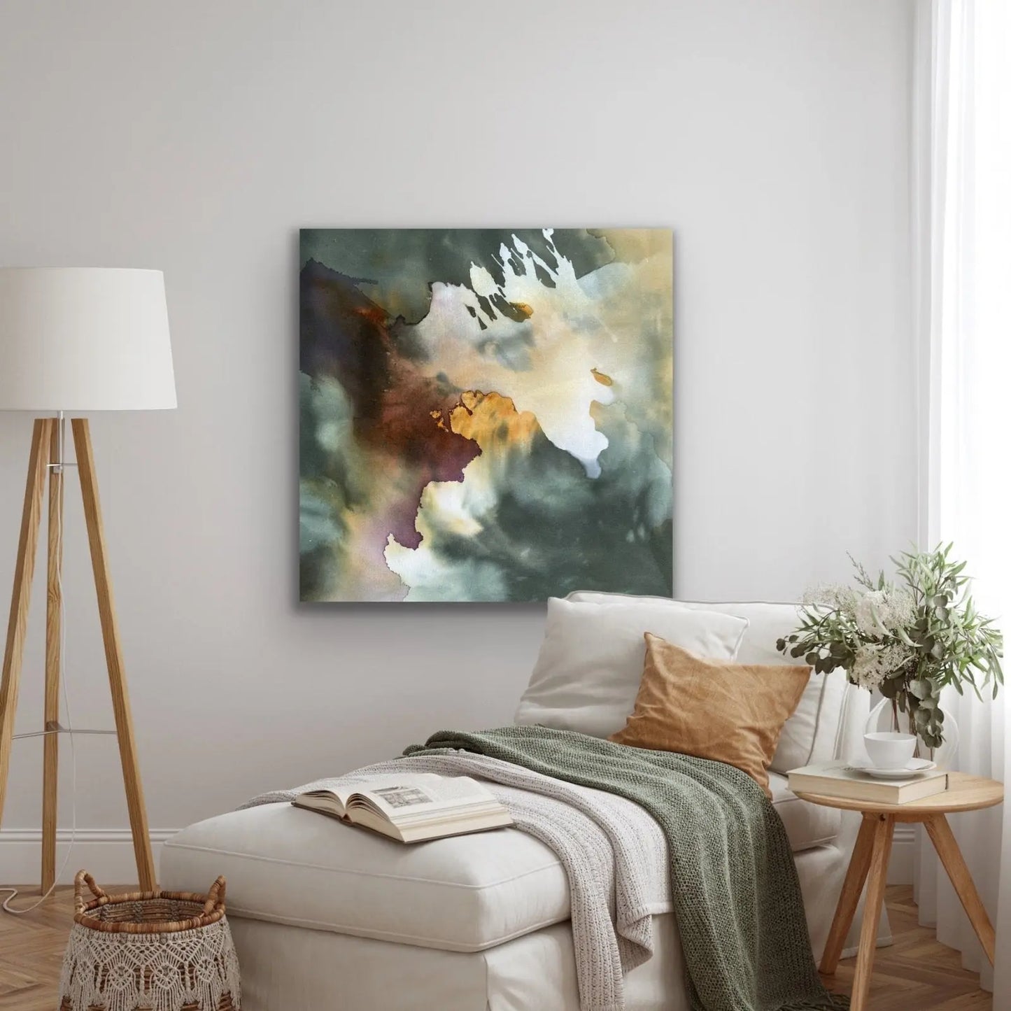 QUIET, NOT CALM, Abstract original painting by Ida Kopperud displayed on a light wall