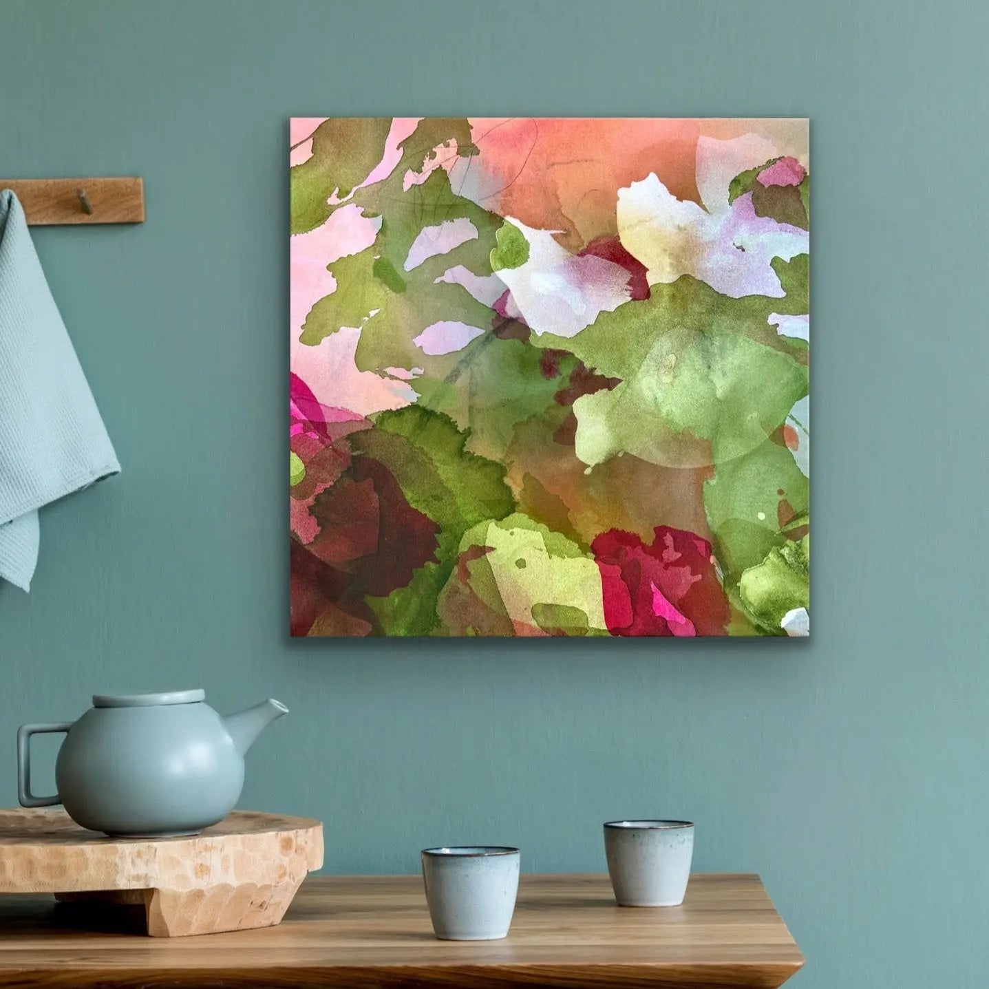 THE SMELL OF FLOWERS, Abstract botanical art by Ida Kopperud on a teal wall