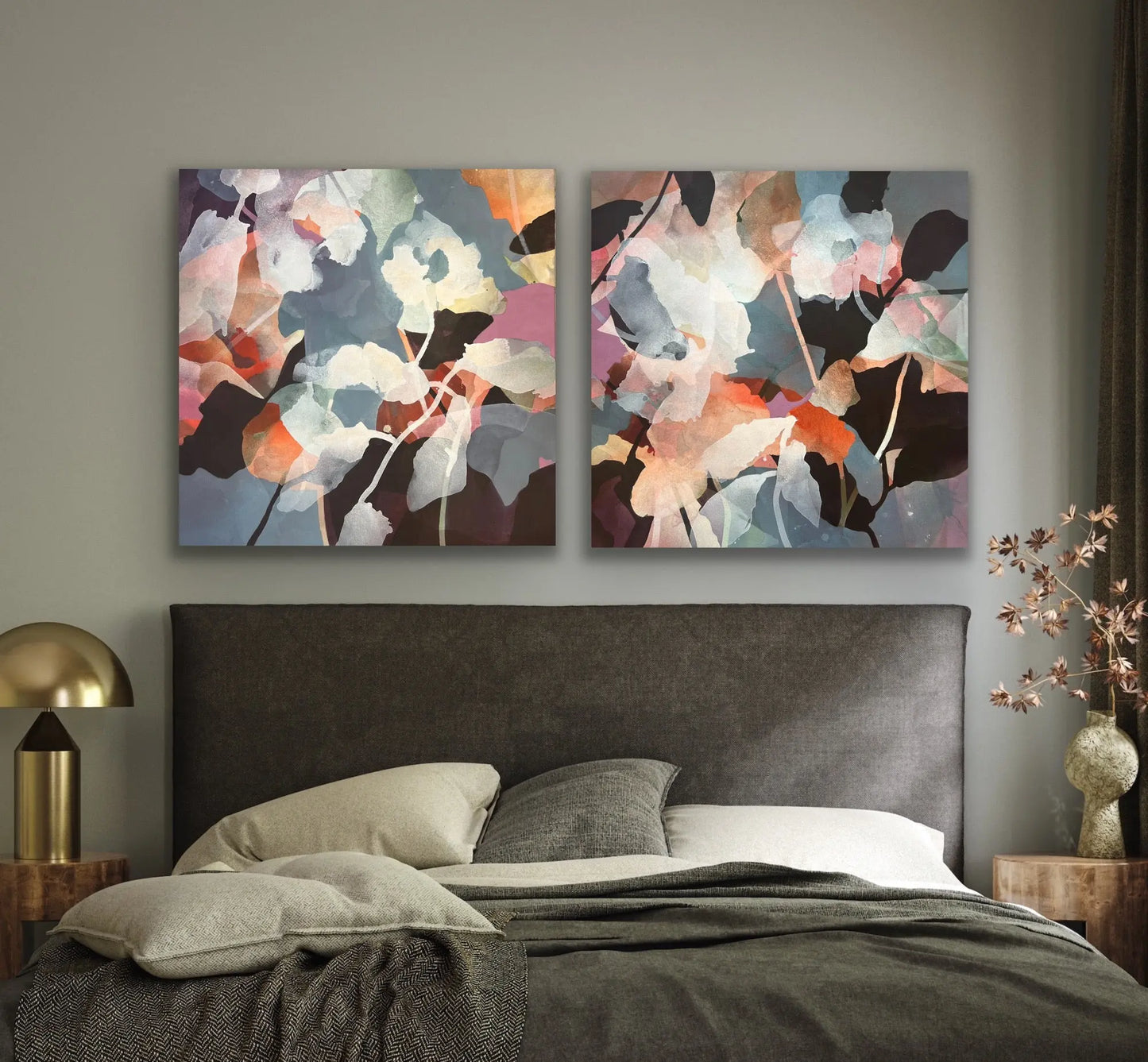 WILDFLOWERS, original diptych by Ida Kopperud displayed in interior