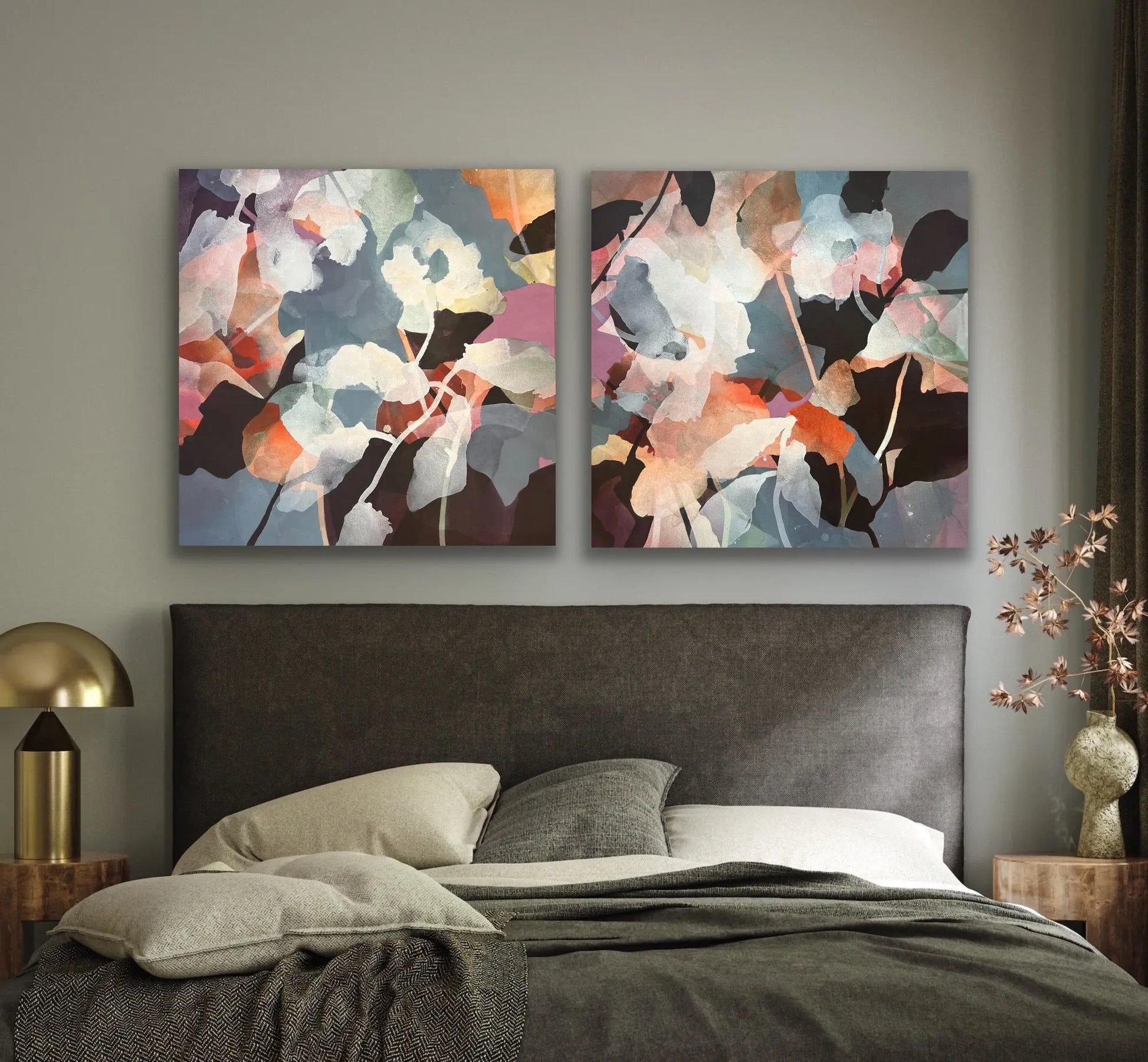 WILDFLOWERS, original diptych by Ida Kopperud displayed in interior