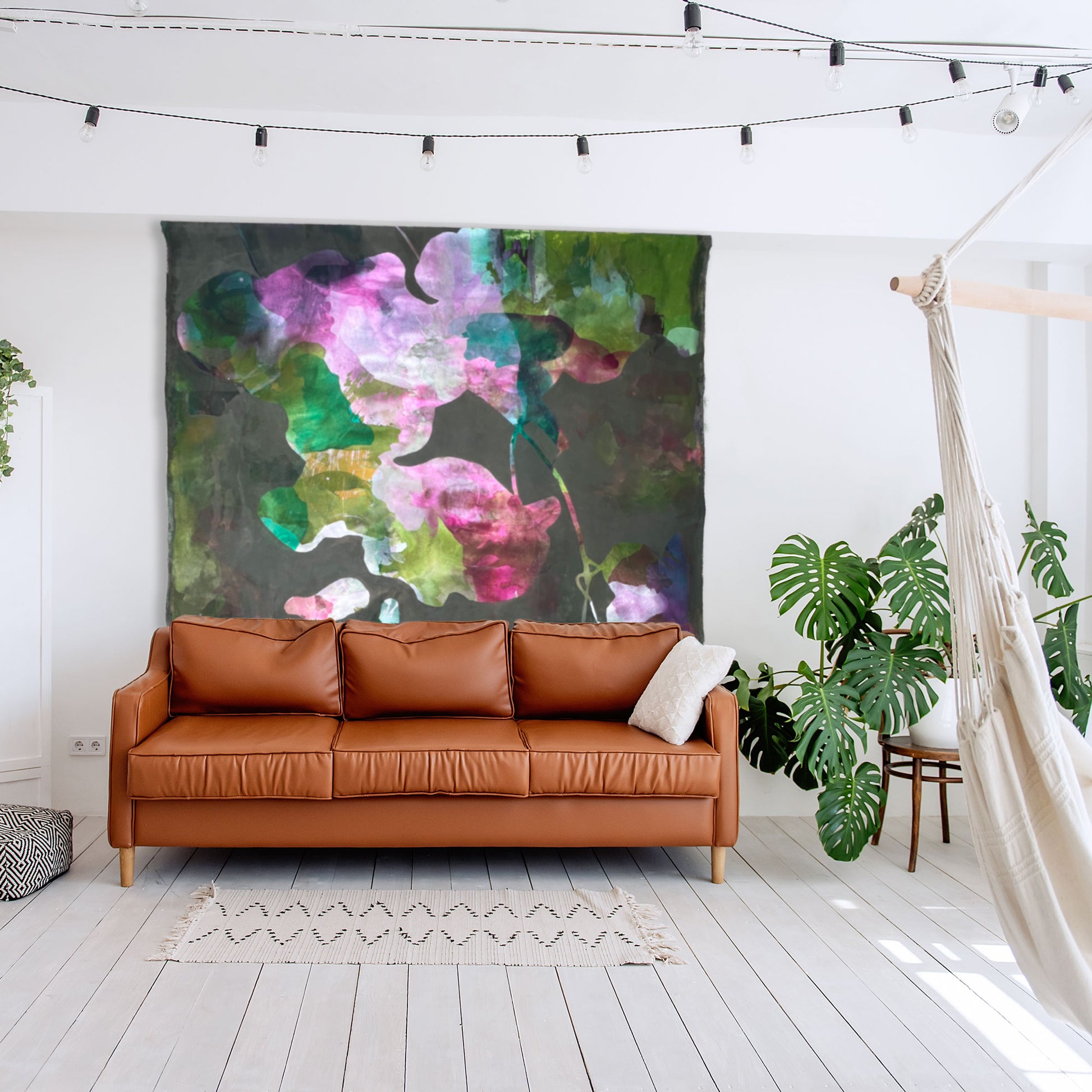 Lush Embrace - Botanical abstract art by Ida Kopperud. Loose canvas on a light wall