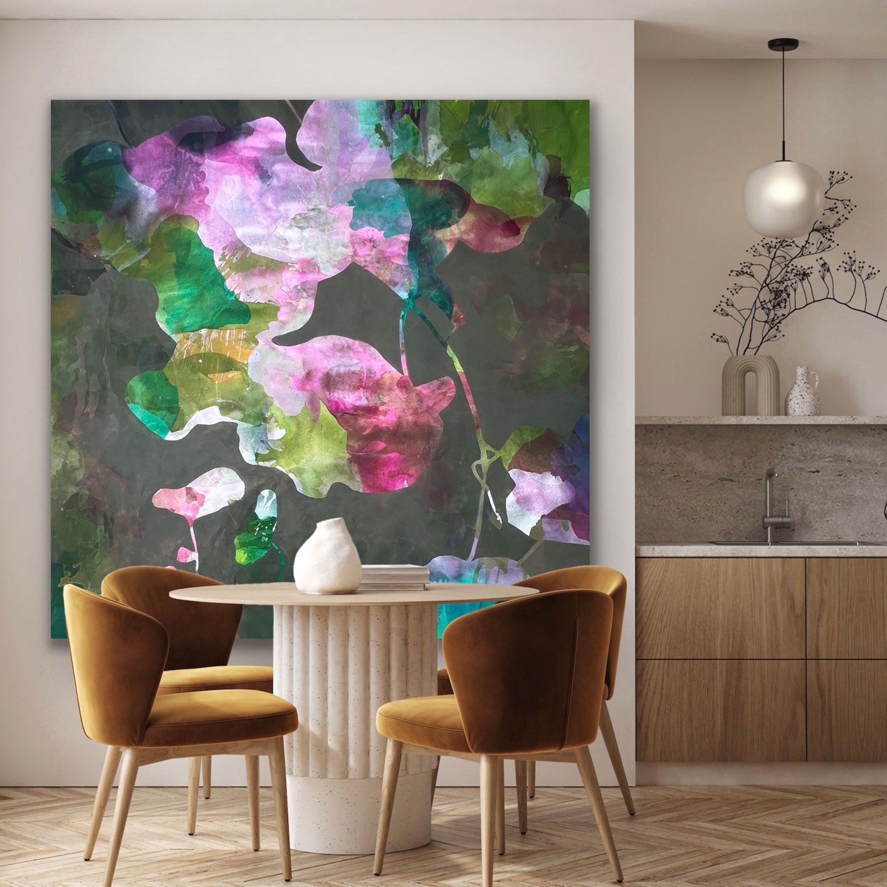 Lush Embrace by Ida Kopperud stretched and hung on a light wall behind dining table