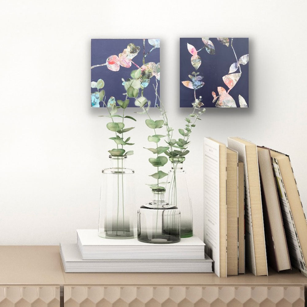 Shapes of nature - botanical abstract art series by Ida Kopperud. Two pieces displayed on a neutral wall