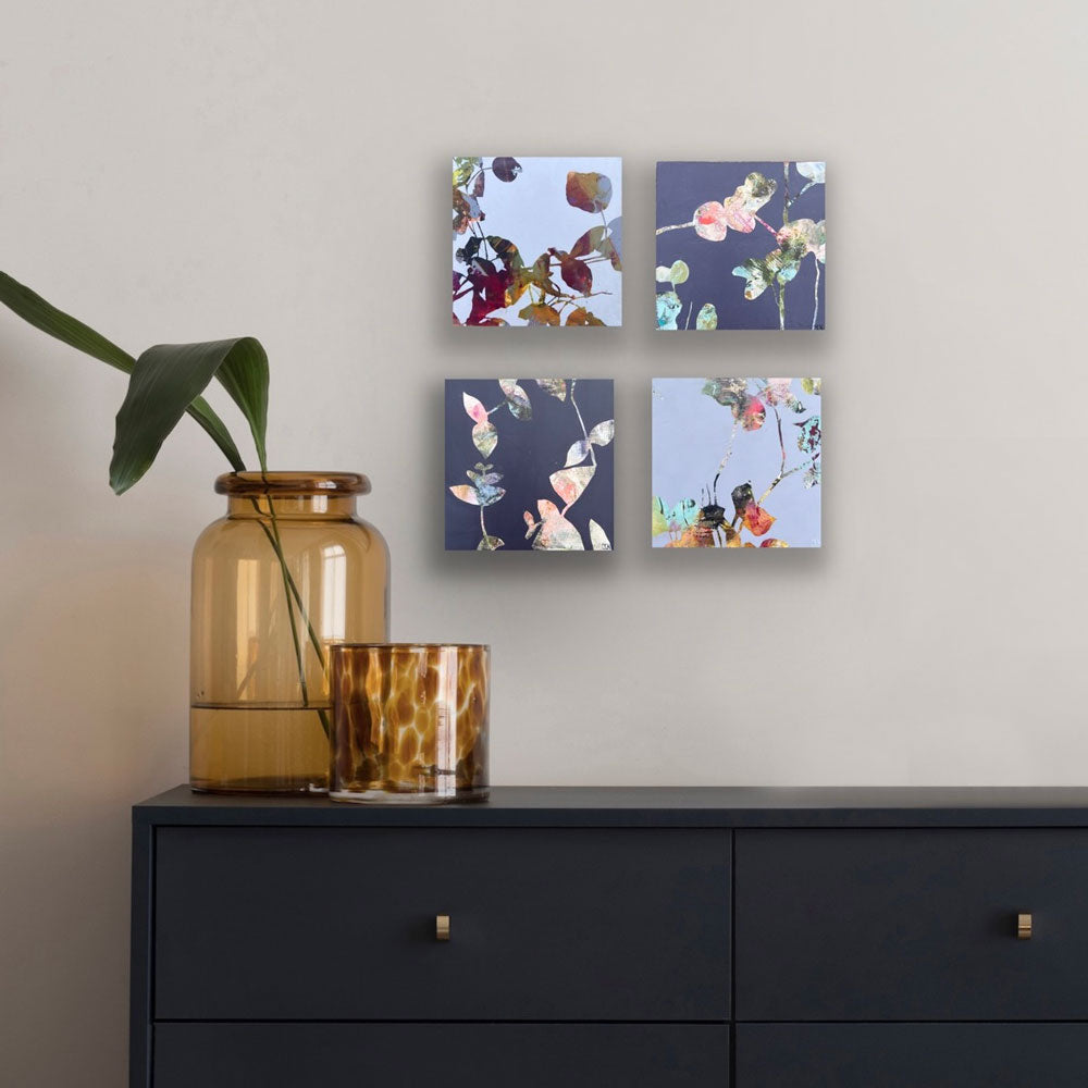 Shapes of nature - botanical abstract art series by Ida Kopperud. Four pieces displayed on a neutral wall