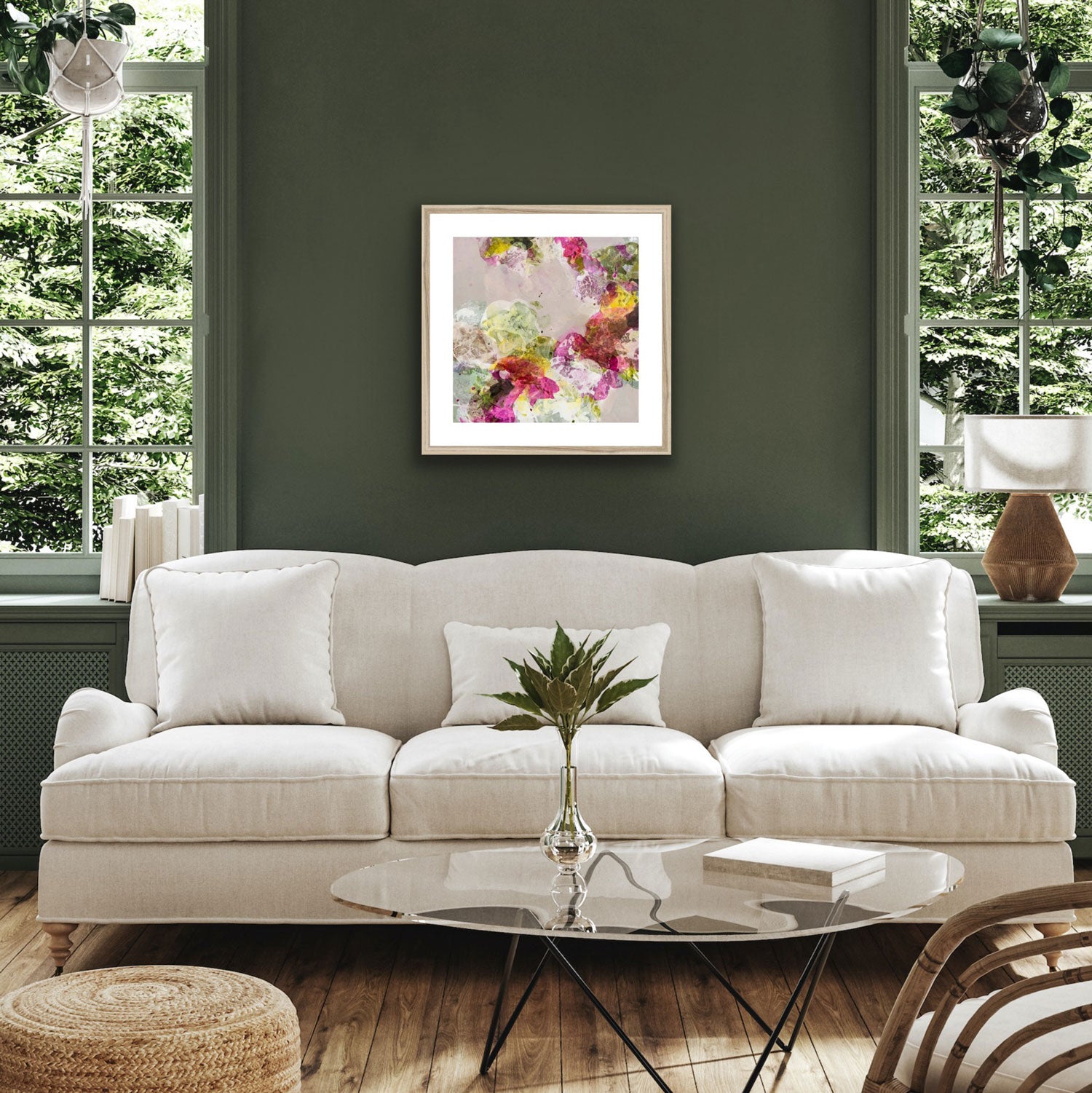 BOLD WHISPERS fine art print in a natural frame, displayed in living-room