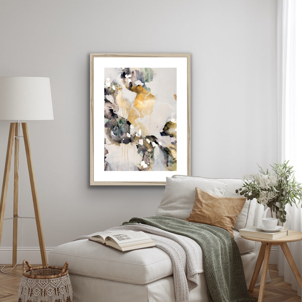 BREATHE fine art print framed in natural frame hanging on a wall