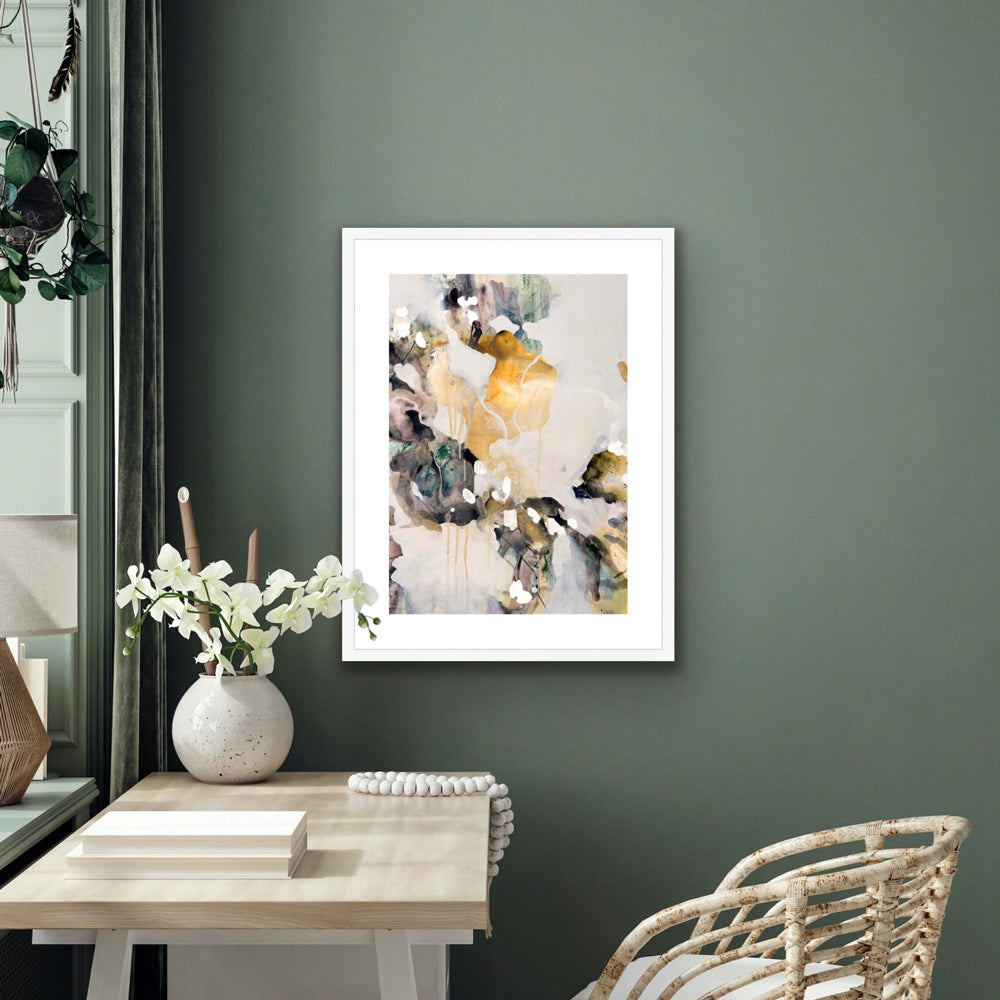 BREATHE fine art print framed in white frame hanging on a green wall