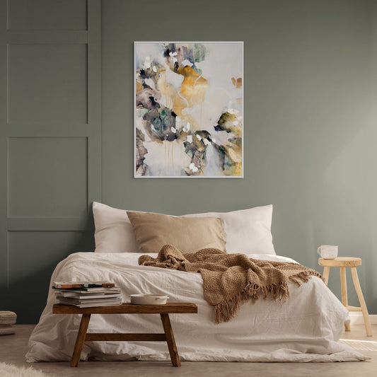 BREATHE | A neutral wall art Canvas Print hanging in a calm bedroom with natural colours. 