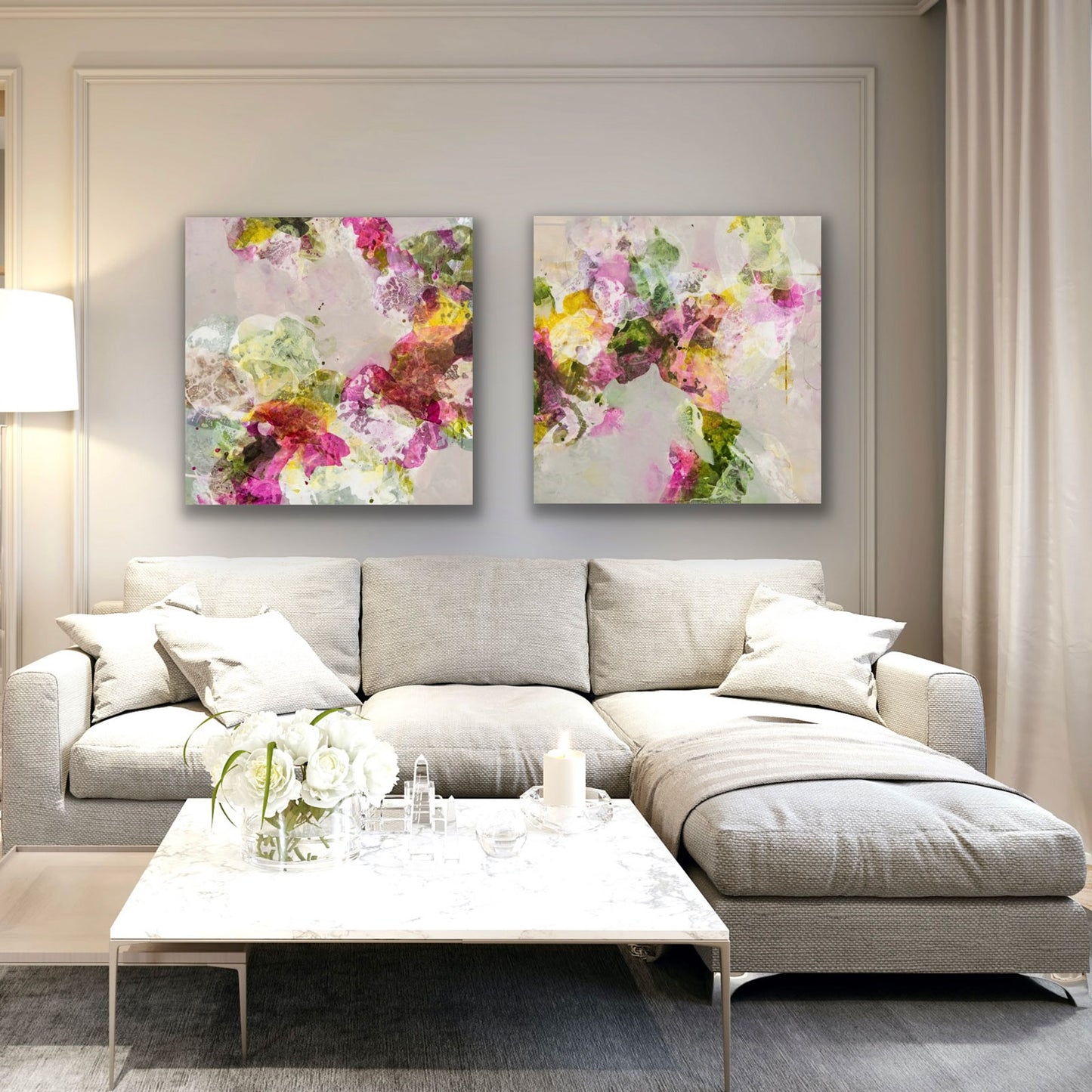 Two abstract original paintings by Ida Kopperud hanging on a light wall