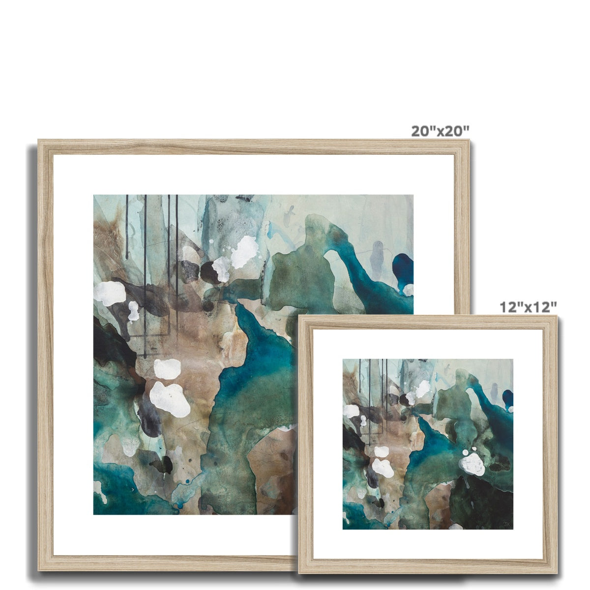 FLOW fine art print in natural frame displayed in two sizes