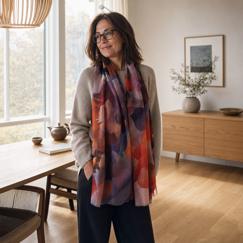 Woman standing in a room with a large window, wearing a colorful scarf.