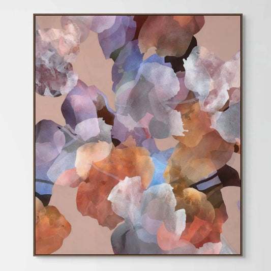 Framed abstract art with multicolored shapes on a white wall