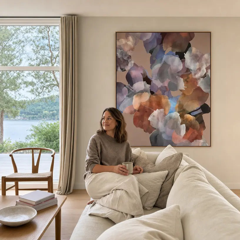 Woman sitting on a couch in a living room with a large abstract painting on the wall.