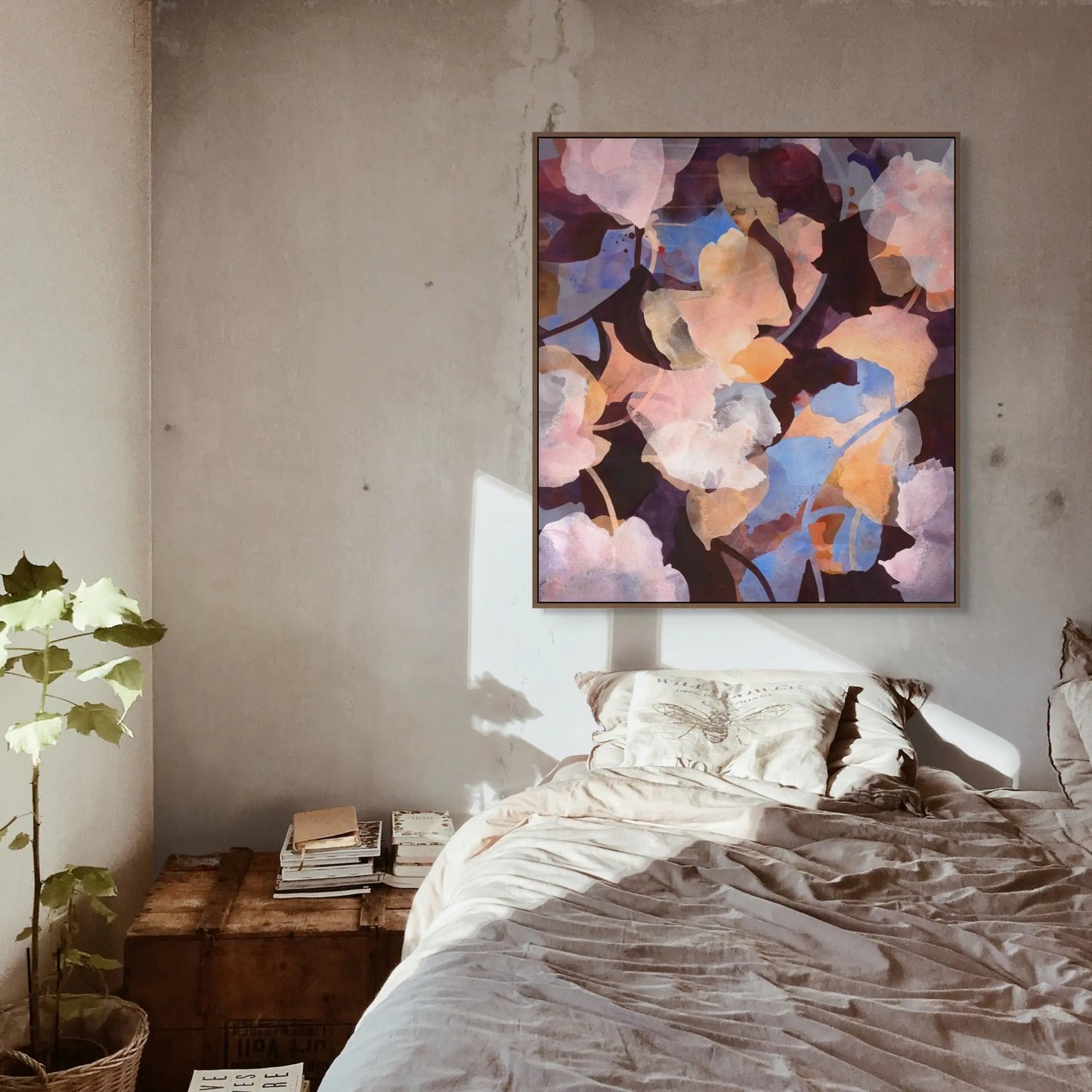Bedroom with abstract painting on the wall