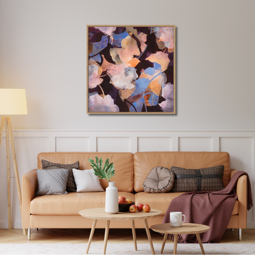 GROWTH Botanical Wall Art Canvas Print in an oak frame over a leather sofa.