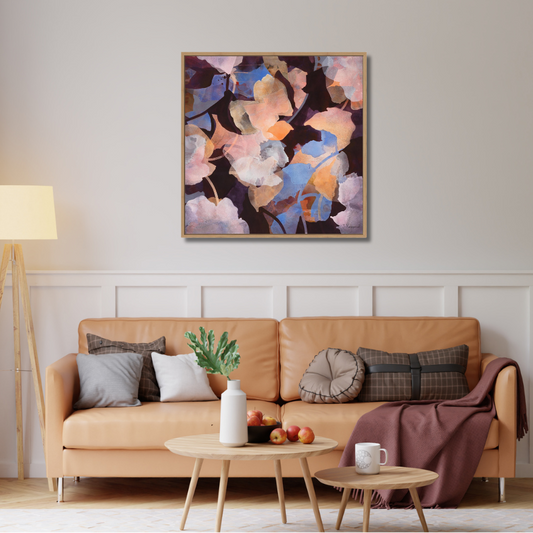 GROWTH Botanical Wall Art Canvas Print in an oak frame over a leather sofa.