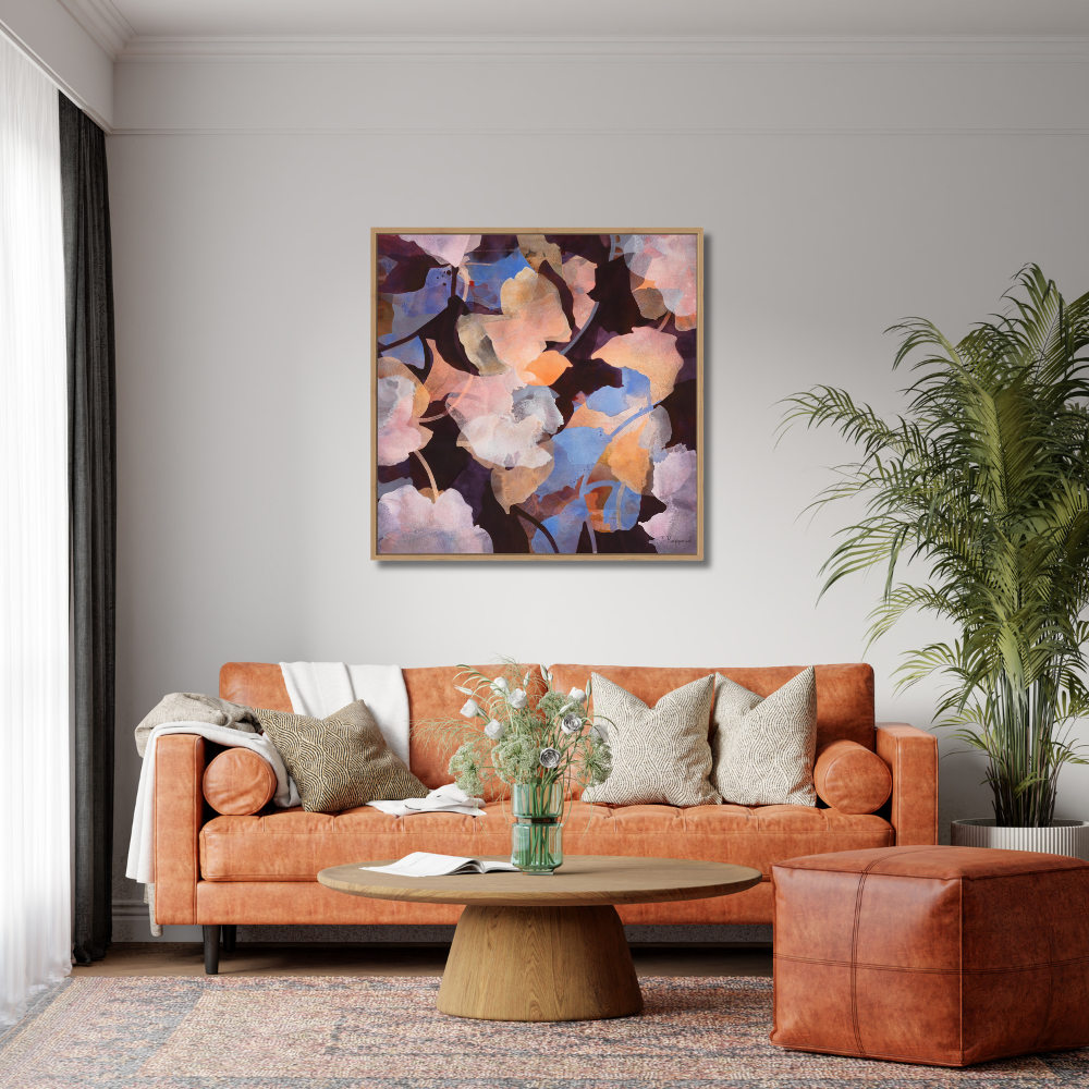 GROWTH Botanical Wall Art Canvas Print in an oak frame over a sofa.