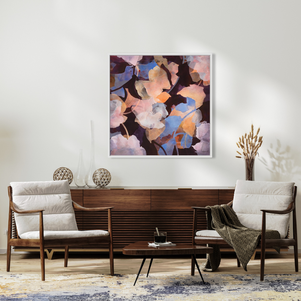 GROWTH Botanical Wall Art Canvas Print in a white frame. Dark wooden furnitures.