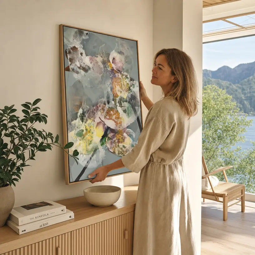 Woman in a beige dress standing next to a large abstract painting in a room with a view of mountains and water.