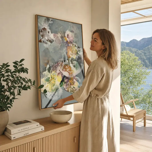 Woman in a beige dress standing next to a large abstract painting in a room with a view of mountains and water.