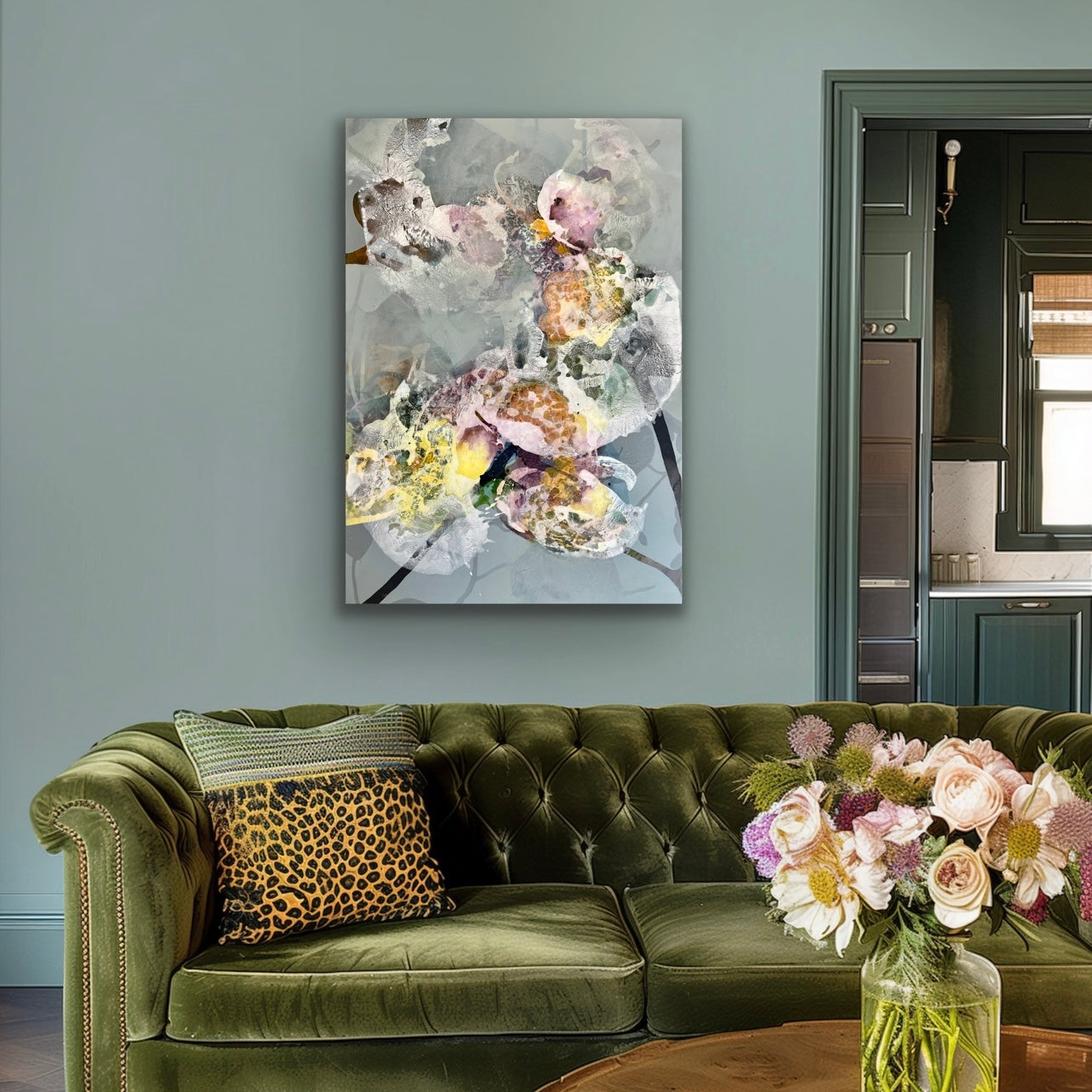 PATIENTLY BLOOMING 2 original painting by Ida Kopperud displayed on a teal wall