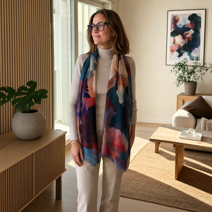 Woman wearing a colorful scarf in a living room setting