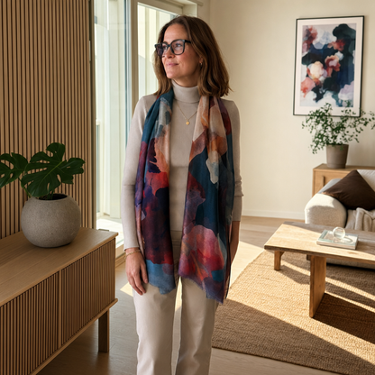 Woman wearing a colorful scarf in a living room setting