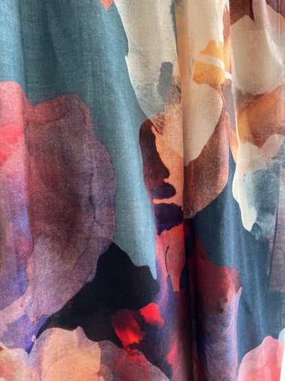 Close-up of scarf with abstract floral pattern in multicolors