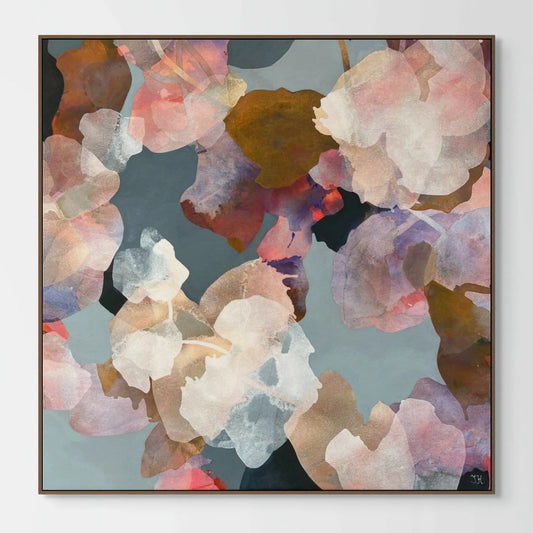 Framed abstract floral artwork on a light gray wall