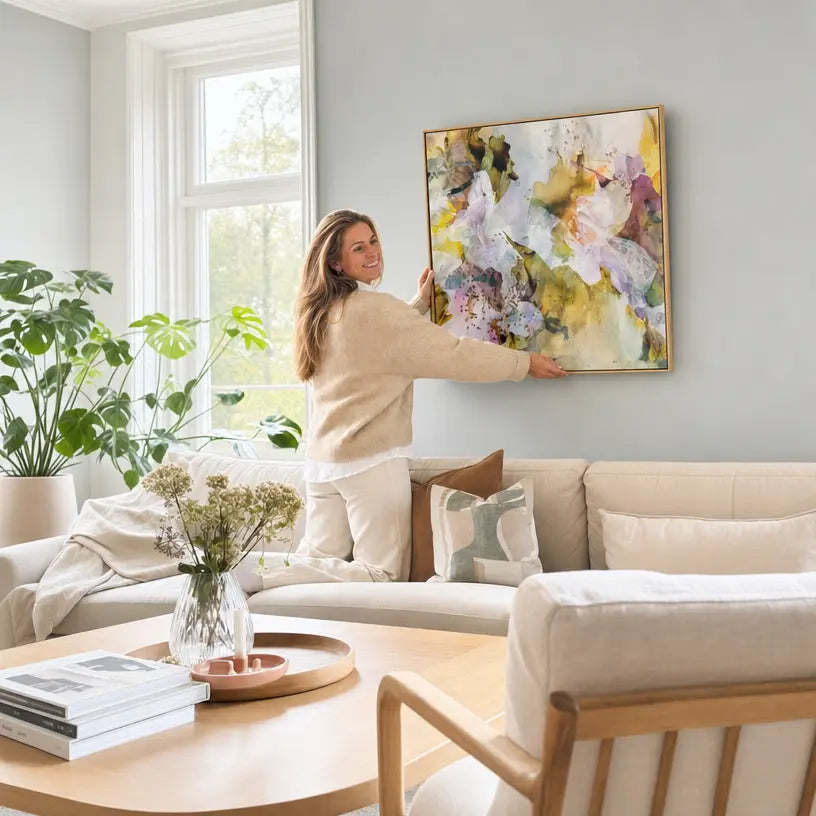 Woman hanging a floral painting in a living room