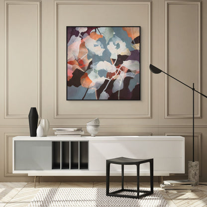 Modern interior with a white console table, abstract painting, and decorative items.